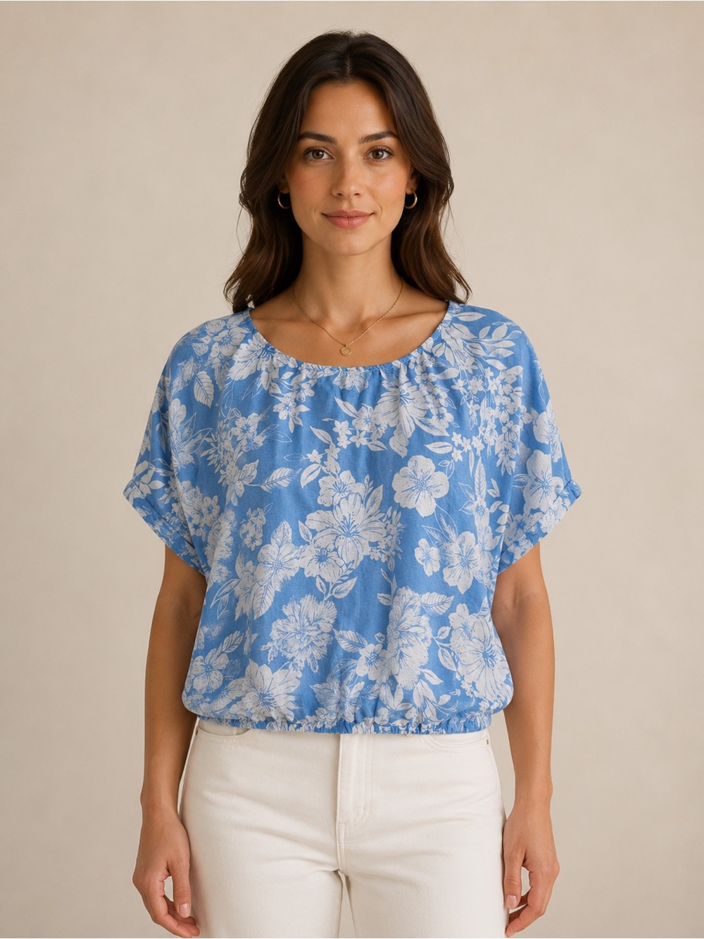 C&C California Blue Floral Short-Sleeve Linen Blouse